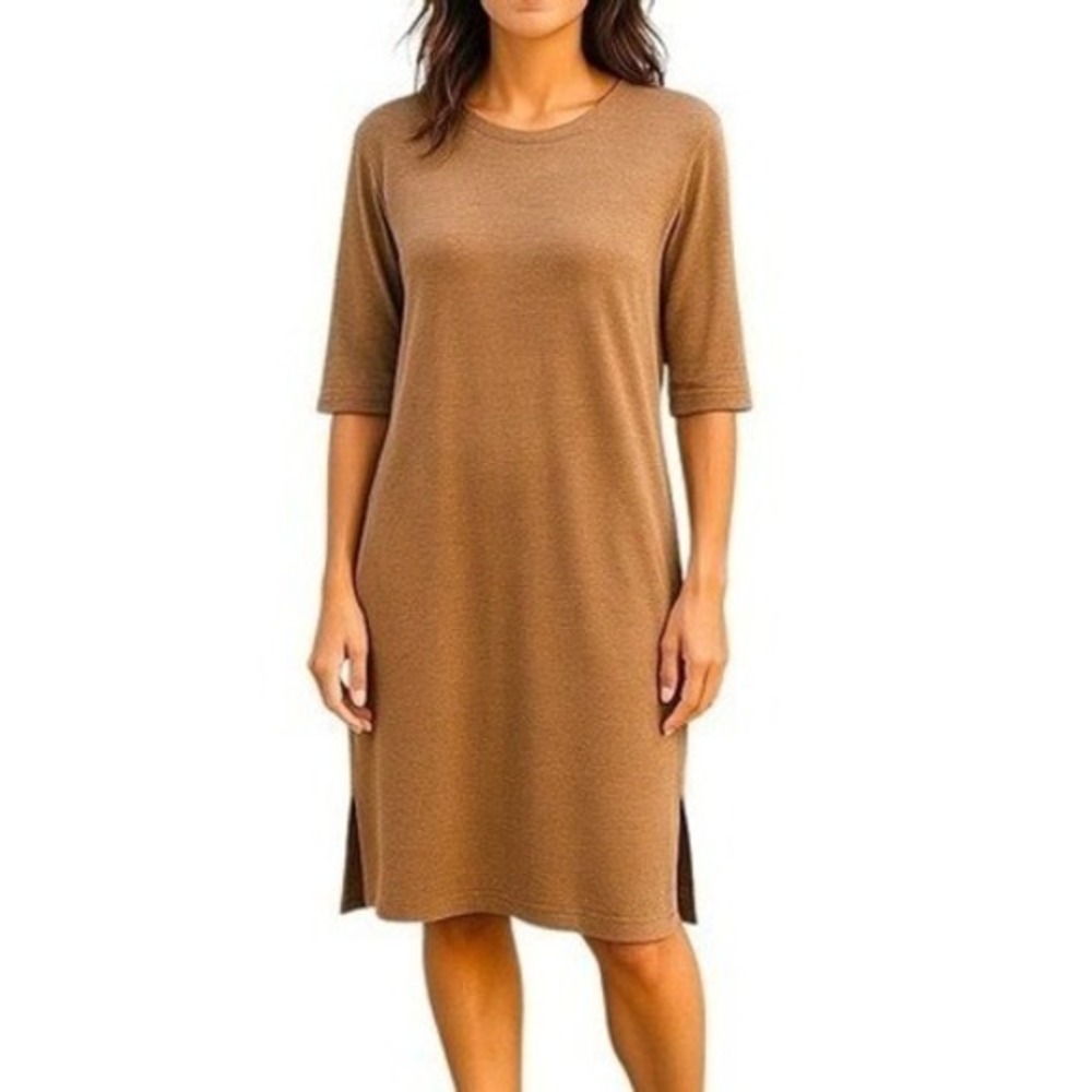 J. Jill Linen Blend Dress Brown Petite XS 3/4 Sleeve Side Slit Casual